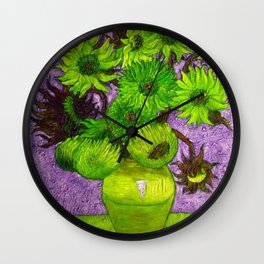 Vincent van Gogh Twelve green sunflowers in a vase still life with purple background portrait painting Wall Clock