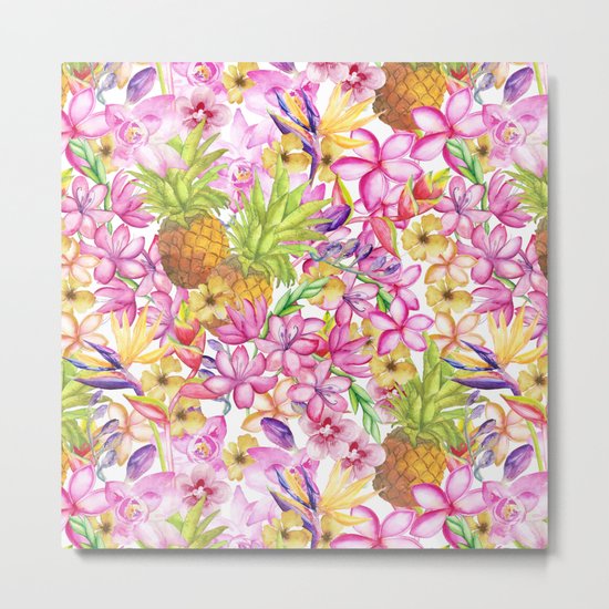 Tropical flower and pineapple watercolor art Metal Print