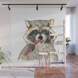 Raccoon brushing teeth bath watercolor Wall Mural