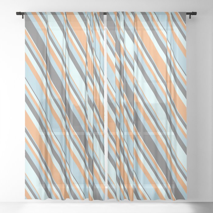 Dim Gray, Light Cyan, Brown & Light Blue Colored Striped Pattern Sheer Curtain