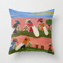 African American Masterpiece 'Six Figures Picking Cotton' folk art painting by Clementine Hunter Throw Pillow