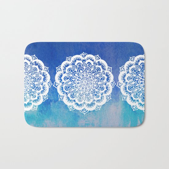 White Floral Medallion on Indigo & Turquoise Watercolor Bath Mat