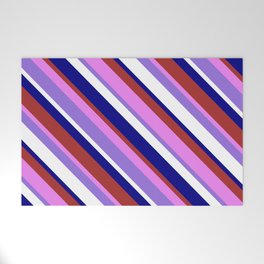 [ Thumbnail: Colorful Blue, Brown, Violet, Purple & White Colored Striped Pattern Welcome Mat ]