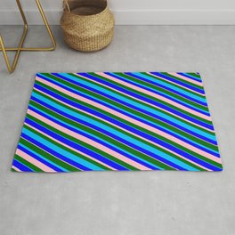 [ Thumbnail: Dark Green, Deep Sky Blue, Blue & Pink Colored Stripes/Lines Pattern Rug ]