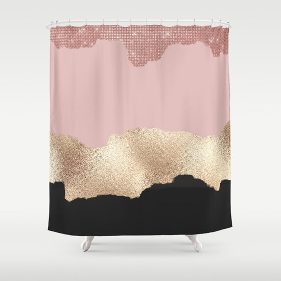 Rose Gold Glitter Black Pink Abstract, Pink And Gold Shower Curtain