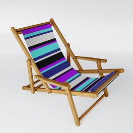 [ Thumbnail: Colorful Dark Violet, Turquoise, Midnight Blue, Light Gray & Black Colored Striped/Lined Pattern Sling Chair ]