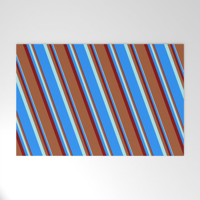 Turquoise, Blue, Maroon, and Sienna Colored Lines Pattern Welcome Mat