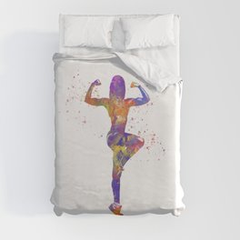 Young man practices fitness in watercolor Duvet Cover