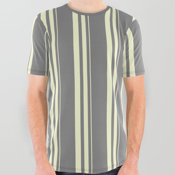 Grey and Light Yellow Colored Striped/Lined Pattern All Over Graphic Tee