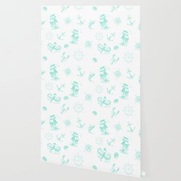 Mint Blue Silhouettes Of Vintage Nautical Pattern Wallpaper