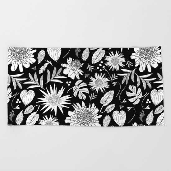 TROPICAL FLORAL BLACK & WHITE Beach Towel