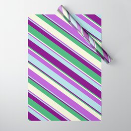 [ Thumbnail: Eye-catching Orchid, Powder Blue, Purple, Sea Green & Beige Colored Stripes/Lines Pattern Wrapping Paper ]