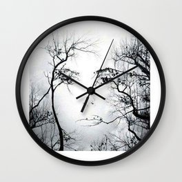 face in the trees Wall Clock | Impressionism, Drawing, Woods, Face, Digital, Illustration, Black and White, Tree 