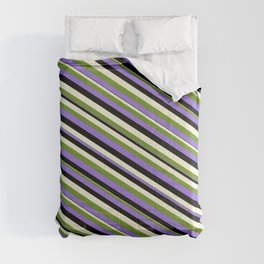 [ Thumbnail: Green, Purple, Black & Beige Colored Lined Pattern Comforter ]