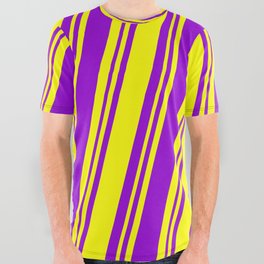 [ Thumbnail: Yellow & Dark Violet Colored Lined Pattern All Over Graphic Tee ]