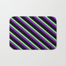 [ Thumbnail: Colorful Light Green, Dark Slate Gray, Dark Violet, Black, and Light Cyan Colored Stripes Pattern Bath Mat ]