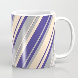 [ Thumbnail: Dark Slate Blue, Dark Grey, and Bisque Colored Pattern of Stripes Coffee Mug ]