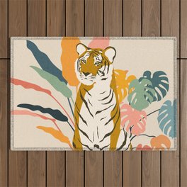 Colorful Tiger Jungle Illustration - Ivory Outdoor Rug