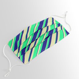 [ Thumbnail: Pale Goldenrod, Green, and Blue Colored Stripes/Lines Pattern Face Mask ]