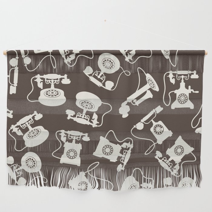 Vintage Rotary Dial Telephone Pattern on Dark Brown Wall Hanging