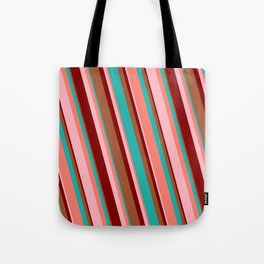 [ Thumbnail: Eye-catching Sienna, Light Sea Green, Salmon, Light Pink, and Maroon Colored Striped Pattern Tote Bag ]