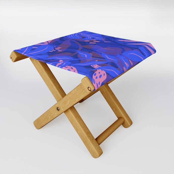 Blue Matisse Inspired Coral Seaweed Jungle with Leaf and Mushrooms Folding Stool