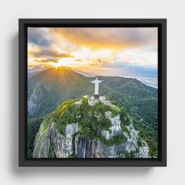 Brazil Photography - The Sun Shining Through The Clouds On Christ  Framed Canvas