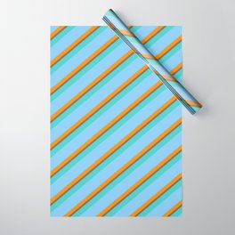 [ Thumbnail: Light Sky Blue, Dark Orange, Dim Grey & Turquoise Colored Striped Pattern Wrapping Paper ]