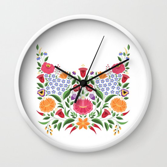 Hungarian folk pattern – Kalocsa embroidery flowers Wall Clock by 