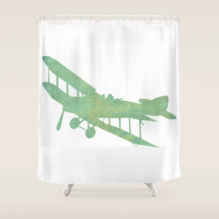 Green Nursery Airplane Wall Art Print Vintage Shower Curtain By