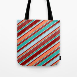 [ Thumbnail: Light Sea Green, Light Blue, Brown, Dark Red & Coral Colored Stripes/Lines Pattern Tote Bag ]