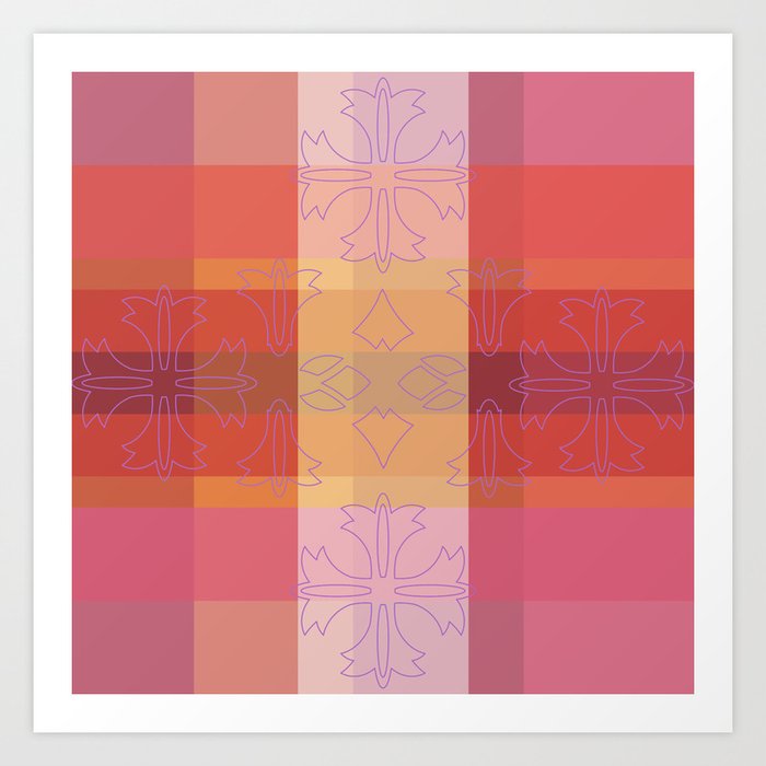 Pink & Orange Check Pattern with Lilies Art Print