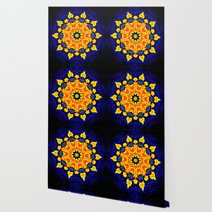 Yellow Orange Floral Madala Background Dark Blue Wallpaper By Costa