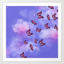 Pink Butterflies Purple Clouds Art Print