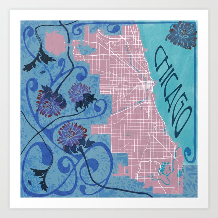 Chicago Art Nouveau Map Art Print by MsMacbeth Society6