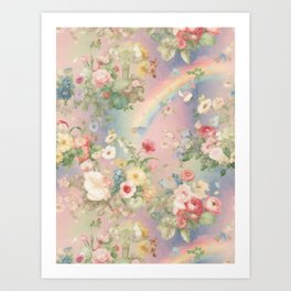 Mid-Century Cottage: Floral Reverie with Rainbow Accents Art Print