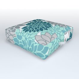 Dahlia Floral Blooms in Teal and Gray Outdoor Floor Cushion