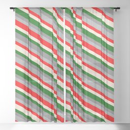 [ Thumbnail: Vibrant Gray, Dark Grey, Red, Beige & Dark Green Colored Lined Pattern Sheer Curtain ]