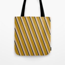 [ Thumbnail: Dark Goldenrod, Tan, Black & Mint Cream Colored Lines Pattern Tote Bag ]