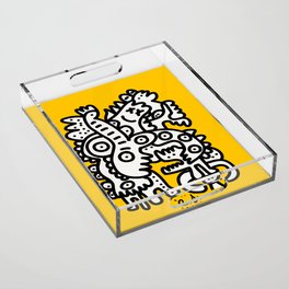 Black and White Cool Monsters Graffiti on Yellow Background Acrylic Tray