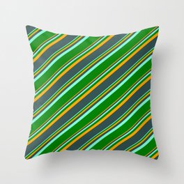 [ Thumbnail: Orange, Dark Slate Gray, Aquamarine, and Green Colored Stripes Pattern Throw Pillow ]