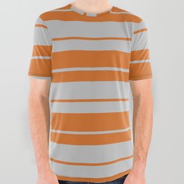 [ Thumbnail: Grey and Chocolate Colored Lines Pattern All Over Graphic Tee ]