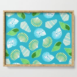 Lime Green Mix Shell Pattern on Blue Background Serving Tray