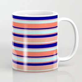 [ Thumbnail: Blue, Dark Salmon, Turquoise, and Red Colored Striped/Lined Pattern Coffee Mug ]