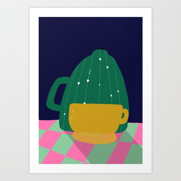 A Midnight Tea - Pink Green Yellow Blue Art Print