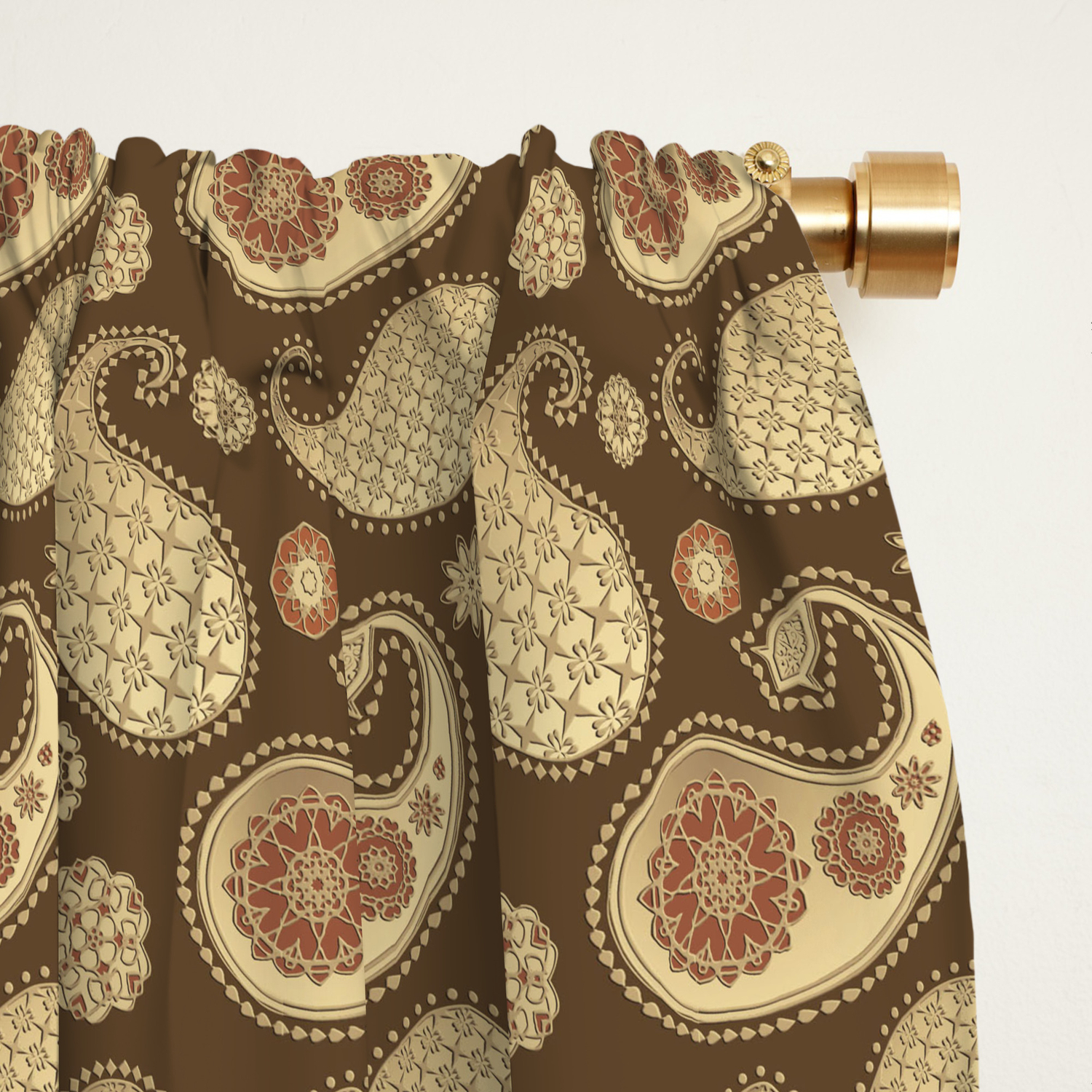 Paisley Pattern Soft Gold On Chocolate Brown Blackout Curtain By