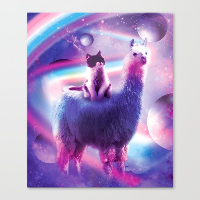 Kitty Cat Riding On Rainbow Llama In Space Canvas Print