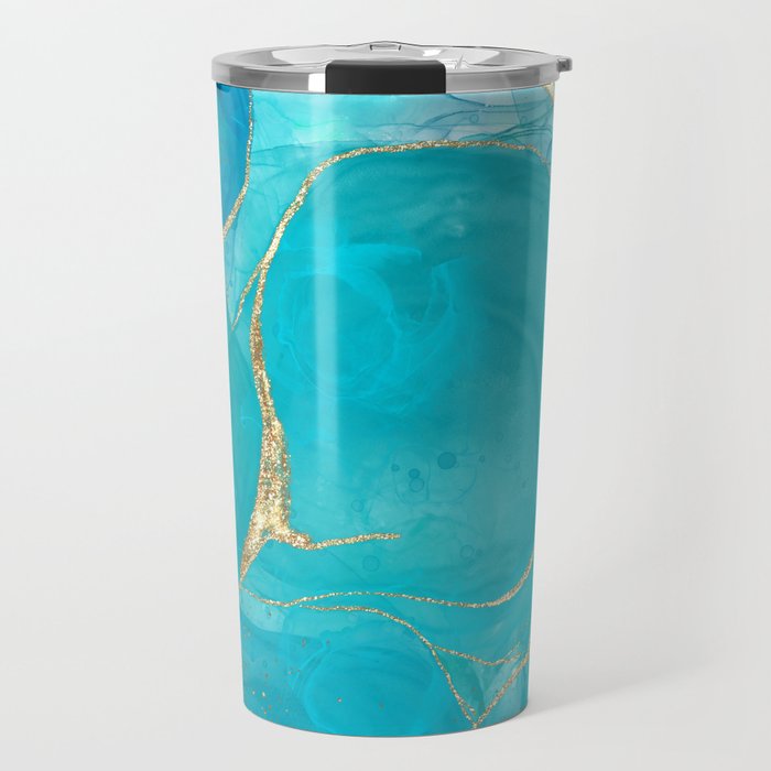 Abstract Summer Turquoise And Gold Marble Landscape Travel Mug