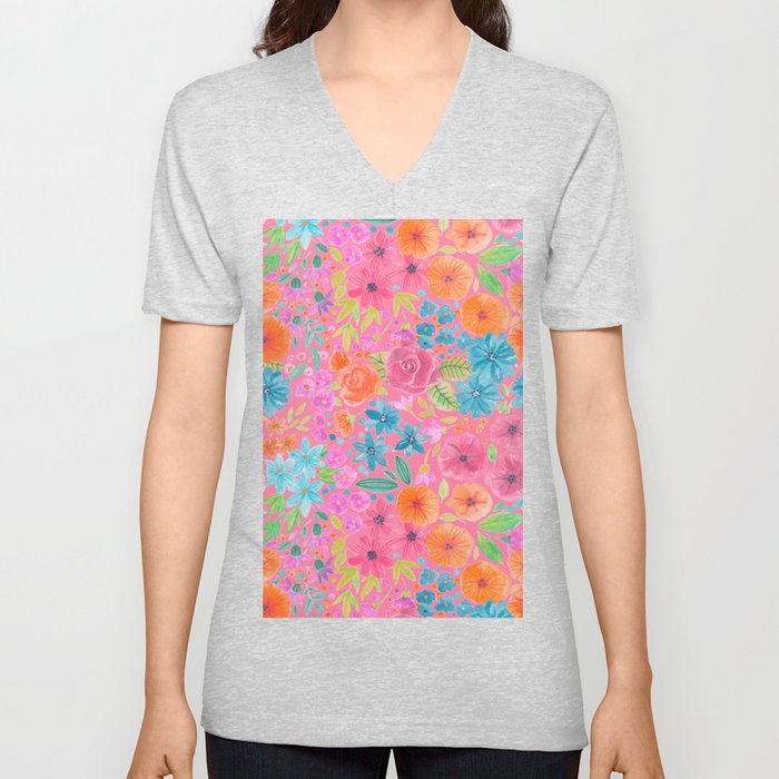 Floral watercolor pattern in pink V Neck T Shirt