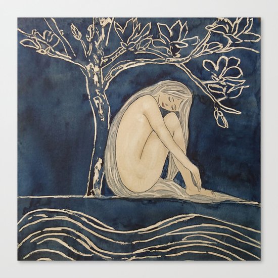 Girl sleeping under magnolia flowers Canvas Print